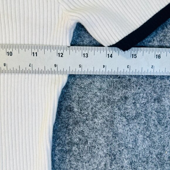 ZESICA WMNS White Ribbed Knit Sweater Large Black Trim Preppy Stretchy Pullover - Picture 5 of 9